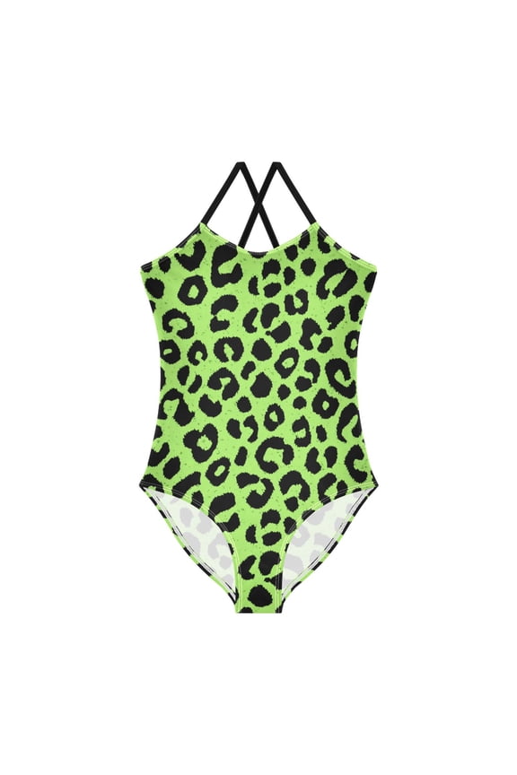 Girls' One-piece Swimsuit Cross Back Bathing Suit Beach Surfing Sizes 3T-10T Neon Green Leopard Print