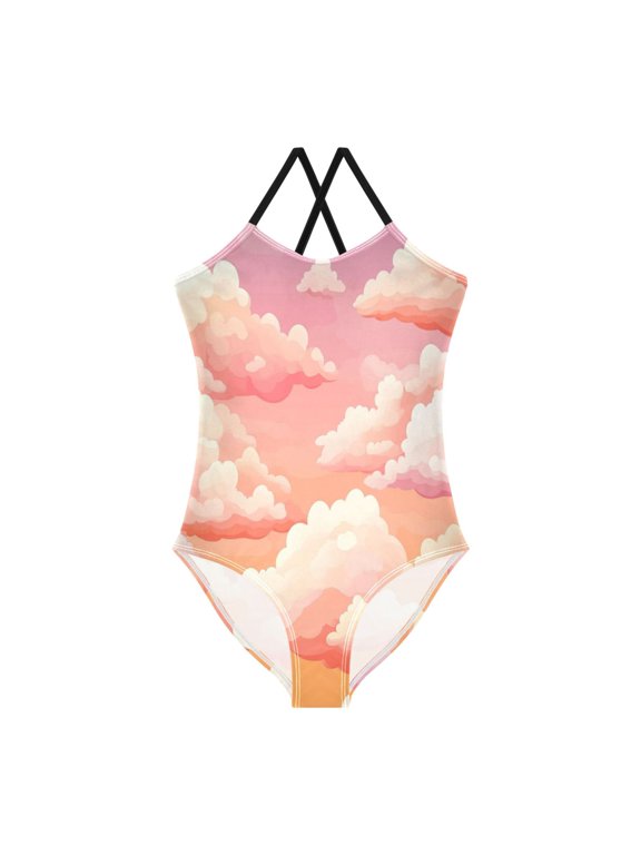 Girls' One-piece Swimsuit Cross Back Bathing Suit Beach Surfing Sizes 3T-10T Orange Sky with Clouds