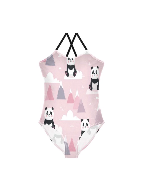 Girls' One-piece Swimsuit Cross Back Bathing Suit Beach Surfing Sizes 3T-10T Panda and Clouds Pattern