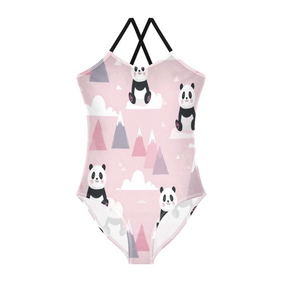 Girls' One-piece Swimsuit Cross Back Bathing Suit Beach Surfing Sizes 3T-10T Panda and Clouds Pattern