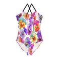 thumbnail image 1 of Girls' One-piece Swimsuit Cross Back Bathing Suit Beach Surfing Sizes 3T-10T Pansy Pattern, 1 of 9