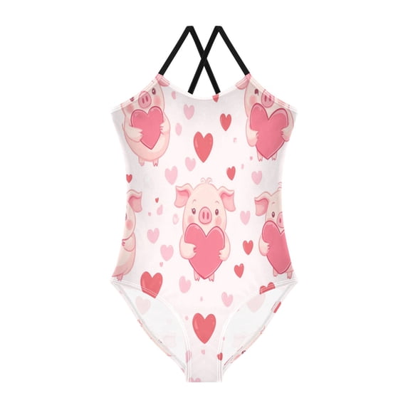 Girls' One-piece Swimsuit Cross Back Bathing Suit Beach Surfing Sizes 3T-10T Pink Cute Pigs