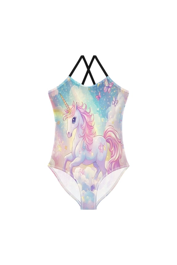 Girls' One-piece Swimsuit Cross Back Bathing Suit Beach Surfing Sizes 3T-10T Rainbow Colors Unicorn