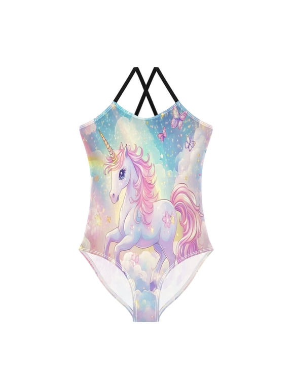 Girls' One-piece Swimsuit Cross Back Bathing Suit Beach Surfing Sizes 3T-10T Rainbow Colors Unicorn