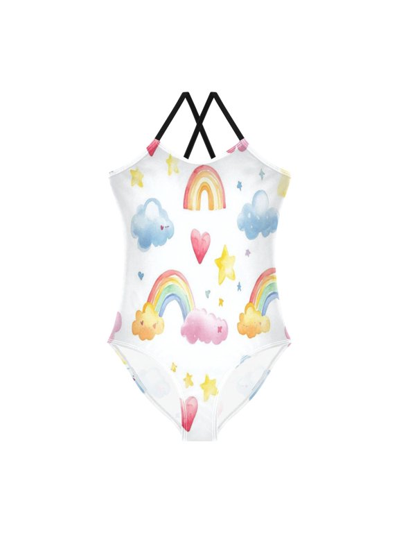 Girls' One-piece Swimsuit Cross Back Bathing Suit Beach Surfing Sizes 3T-10T Rainbows and Clouds