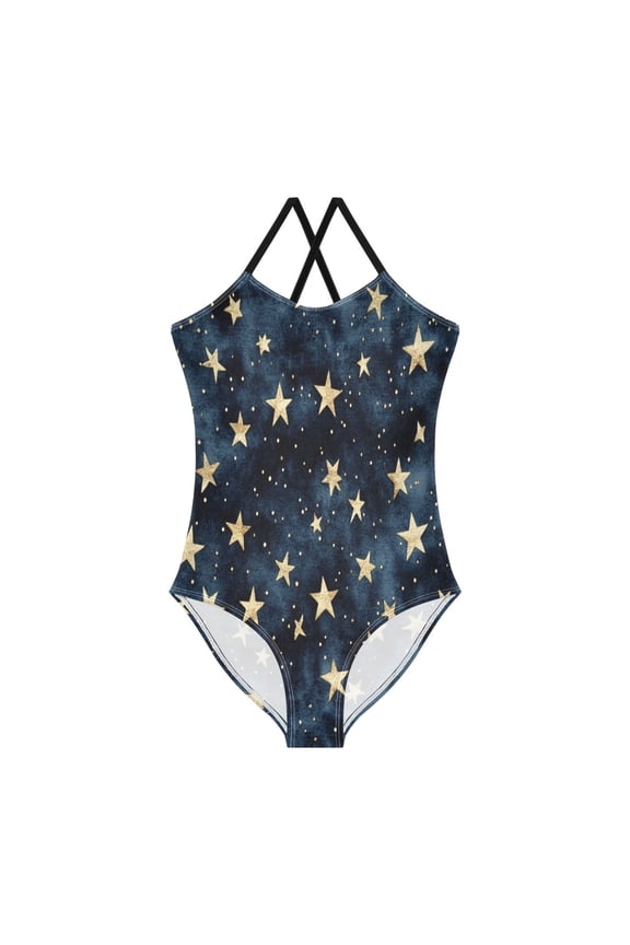 Girls' One-piece Swimsuit Cross Back Bathing Suit Beach Surfing Sizes 3T-10T Small Gold Stars Pattern