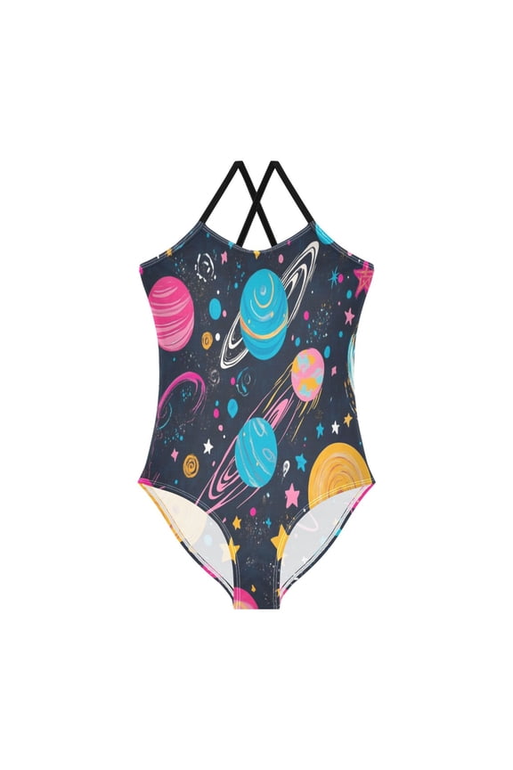 Girls' One-piece Swimsuit Cross Back Bathing Suit Beach Surfing Sizes 3T-10T Stars and Planets Pattern