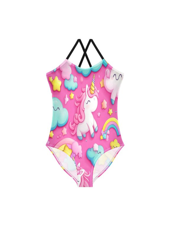 Girls' One-piece Swimsuit Cross Back Bathing Suit Beach Surfing Sizes 3T-10T Unicorns and Clouds