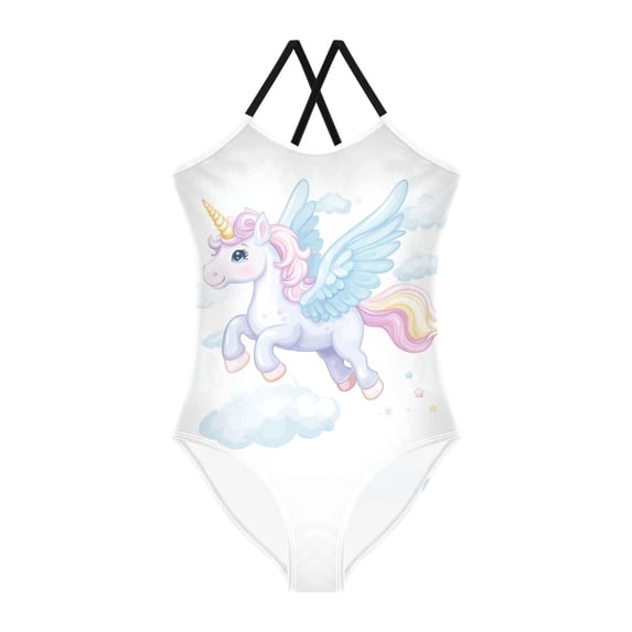 Girls' One-piece Swimsuit Cross Back Bathing Suit Beach Surfing Sizes 3T-10T White Unicorn with Wings