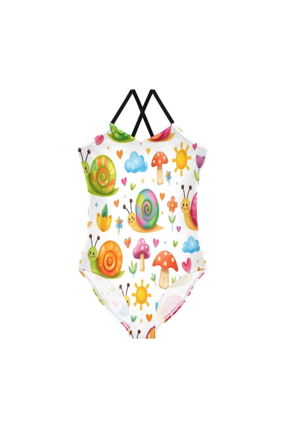 Girls' One-piece Swimsuit Cross Back Bathing Suit Beach Surfing Sizes 4T Cartoon-colored Snail