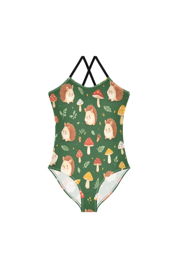 Girls' One-piece Swimsuit Cross Back Bathing Suit Beach Surfing Sizes 4T Light Brown Hedgehog Design