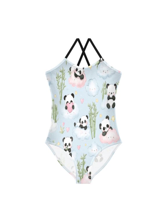 Girls' One-piece Swimsuit Cross Back Bathing Suit Beach Surfing Sizes 4T Panda on The Clouds