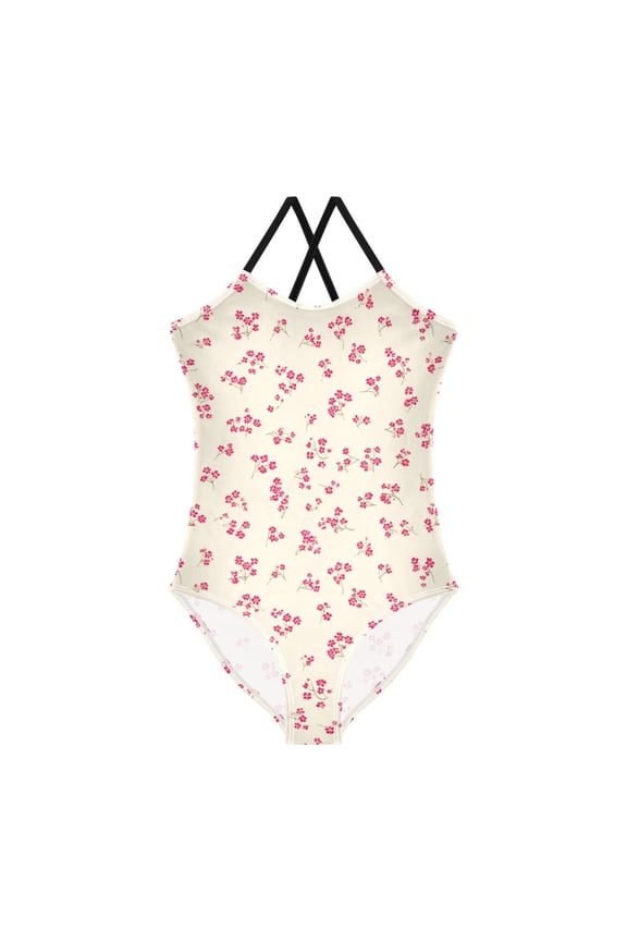 Girls' One-piece Swimsuit Cross Back Bathing Suit Beach Surfing Sizes 4T Tiny Red Floral Pattern