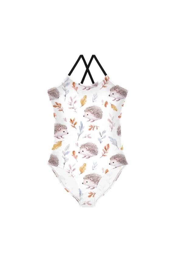 Girls' One-piece Swimsuit Cross Back Bathing Suit Beach Surfing Sizes 4T Watercolor Hedgehogs Pattern