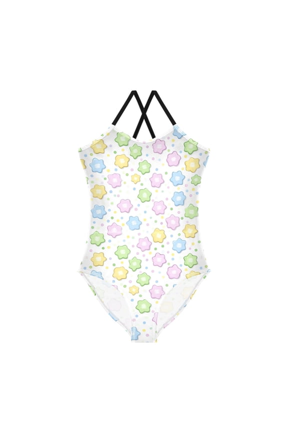 Girls' One-piece Swimsuit Cross Back Bathing Suit Beach Surfing Sizes 7-8T Star Shaped Candies Pattern