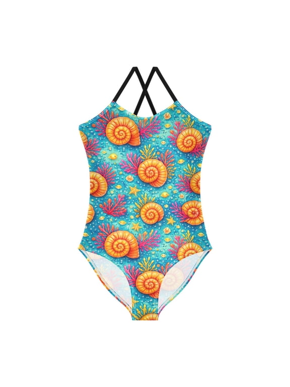 Girls' One-piece Swimsuit Cross Back Bathing Suit Beach Surfing Sizes 9-10T Orange-brown Shell Pattern