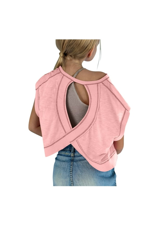 Girls Open Back Workout Tops Short Sleeve Y2k Yoga Shirts Athletic Gym Slouchy Crop Top Casual Backless Running Tees 4-14 Years