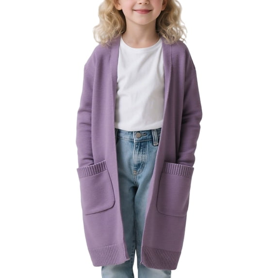 Girls Open Front Cardigan Cable Knit Cardigans Long Sleeve Casual Kid Button down Solid Thick Chunky Sweater Coat with Pocket