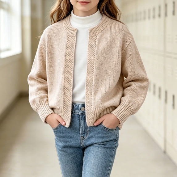 Girls Open Front Knit Cardigan Long Sleeve Crew Neck Solid Color Sweater for Kids Beige A 6-8 Years