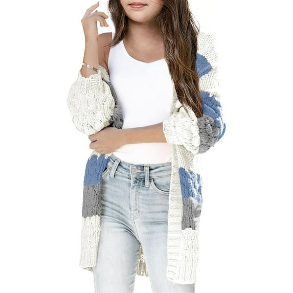 Girls Open Front Long Sleeve Cardigan Color Block Chunky Knit Oversized Kids Sweaters Coat