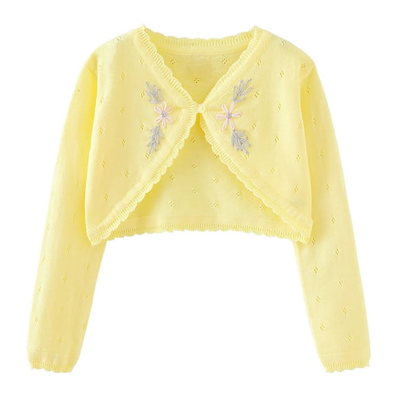 Girls Open Front Shrug Cardigan Elegant Floral Embroidered Lightweight Knit Sweater Shawl Long Sleeve Thin Outerwear Tops, Yellow, 18 Months