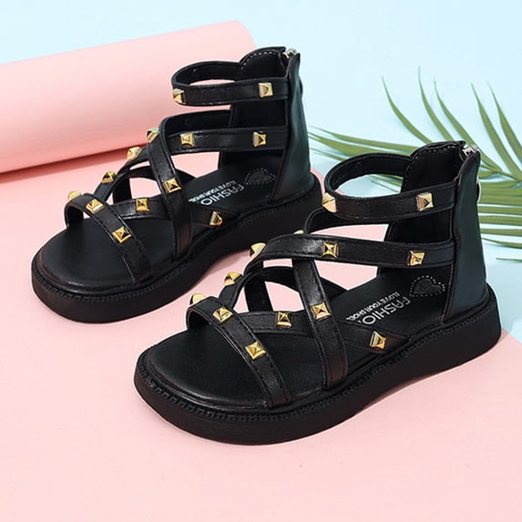 Girls Open Toe Sandals Back Zipper Closure Summer Shoes For Toddler And Kids Black Size 5.5-6 Years