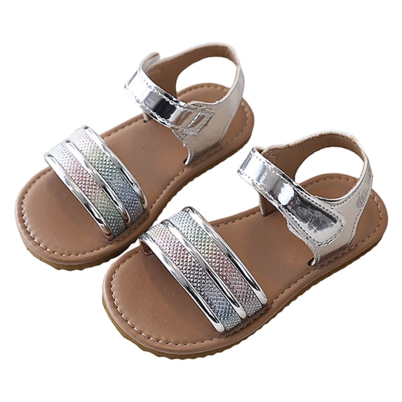 Girls Open Toe Sandals Princess Dress Shoes Sparkly Band Glitter Leather Flat Shoes for Summer Beach Casual Silver 10.5 Little Kid