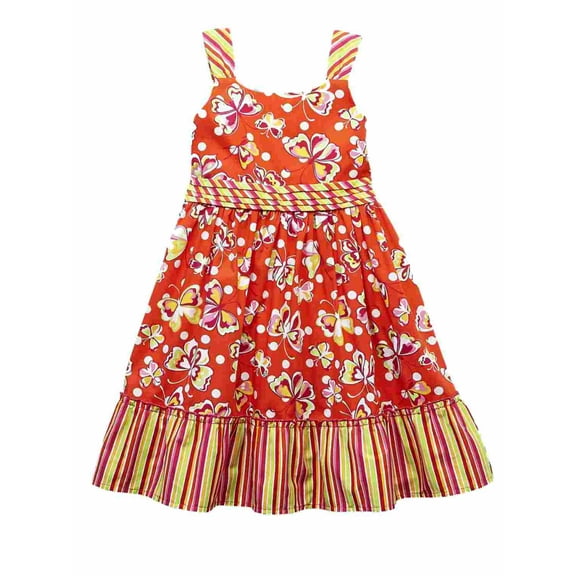 Girls Orange Butterfly Sundress Stripes & Dots Sleeveless Summer Dress 4