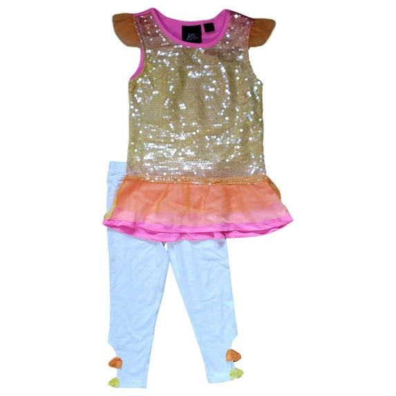 Girls Orange Faded Sequin Tulle Ruffled Tank Top & Legging 2 Piece Dressy Set 6