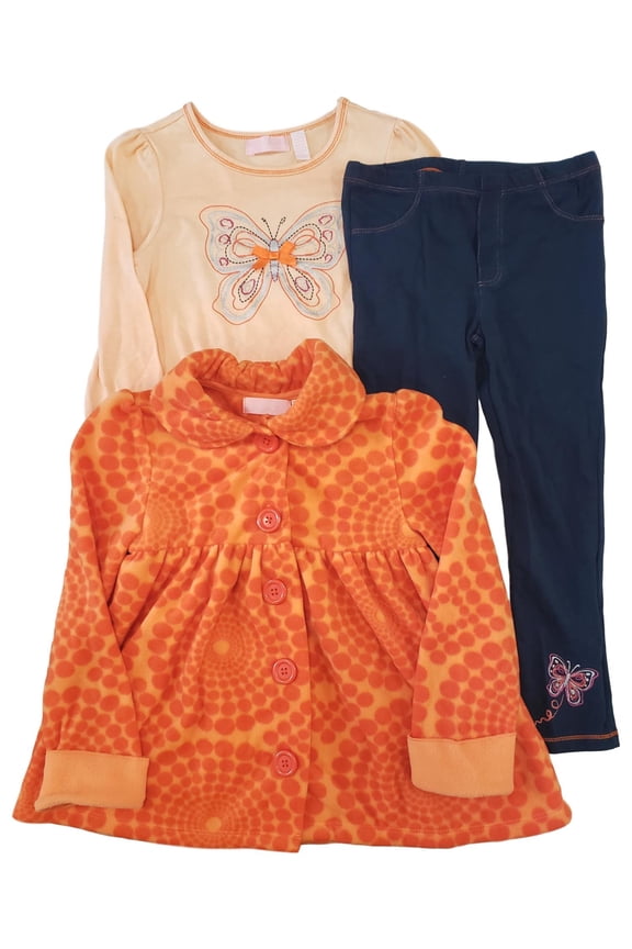 Girls Orange Fleece Coat Glitter Sparkle Butterfly Shirt & Pant 3 Piece Set 6