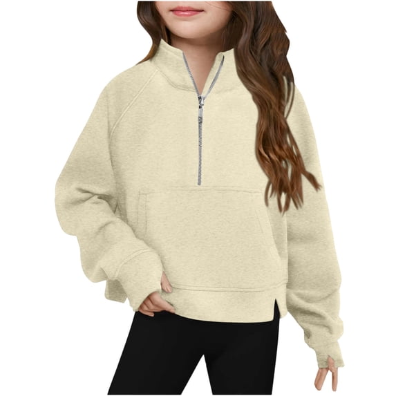 Girls' Outerwear Sweatshirts & Coats Middle Big Girls Half Zip Crewneck Sweatshirt Long Sleeve Pullover Crop Kids Fleece Sweatshirts For 5-14 Years Boys Sweatshirts Cute Going Out Tops