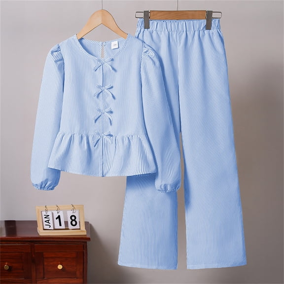 Girls Outfit Bow Knot Ruffle Striped Blouse Long Pants Kids Casual Comfortable Loungewear Two Piece Set Yellow 7-8 Y
