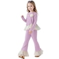 thumbnail image 1 of Girls Outfit Casual Long Sleeve Top Ruffle Hem Flared Pants 2 Piece Girls Clothing Sets,Purple,Size 5 -6 Years, 1 of 4
