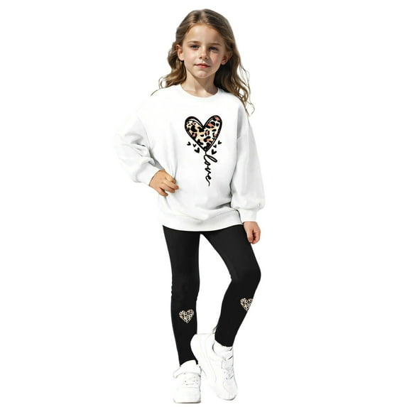 Girls Outfit,Leopard Hearts Graphic Hoodie Leggings Set Playwear Soft 2 Piece Outfit Long Sleeve Hooded Sweatshirt Fitted Pants for School Play Daily,Two Piece Outfits,Z02 White,4-5 Years