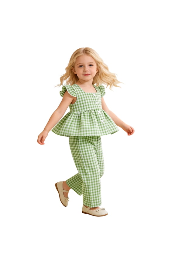 Girls Outfit Plaid Printed Fly Sleeve U-Neck Cardigan Long Pants 2 Piece Shorts Set Fashion Casual Daily Outdoor Summer Kids Boys Clothing Set