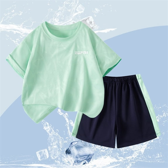 Girls Outfit Set Casual Breathable Athletic Solid Color Crew Neck Short Sleeve Tops&Shorts Summer Sets for Sports Running Green 5-16 Years