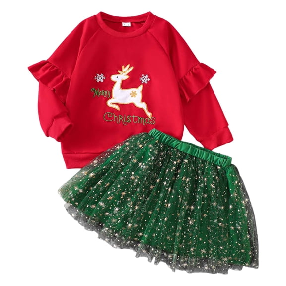 Girls Outfit Set Christmas Reindeer Embroider T Shirt Tutu Skirts Child Holiday Stylish Fall Party Outfits