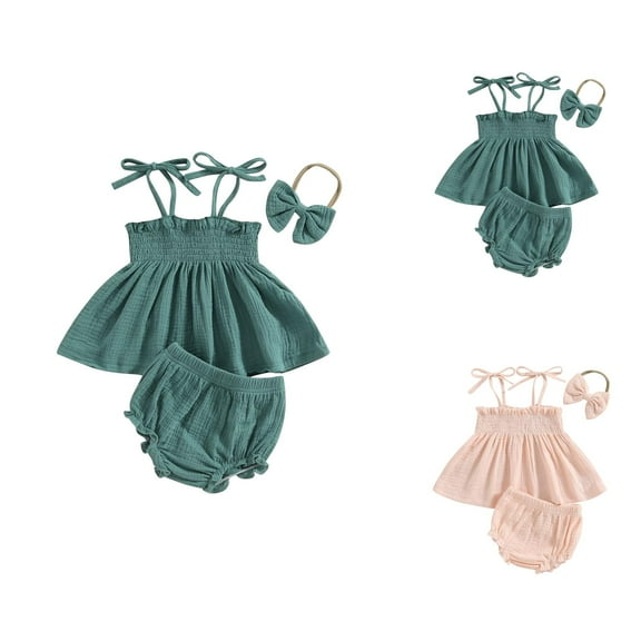 Girls Outfit Set Girls Clothing Sets Baby Girls Spring Summer Solid Cotton Ribbed Sleeveless Tops Shorts Outfits Headbands Clothes