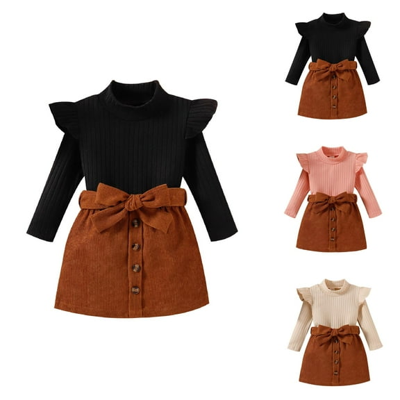 Girls Outfit Set Girls Sets Toddler Girls Ruffles Long Sleeve Ribbed Knitted Turtleneck T Shirt Tops Solid Bow Tie Skirt Outfits
