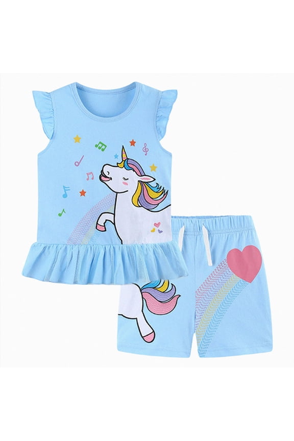 Girls Outfit Set Rainbow Graphic Ruffle Dress and Bike Shorts 2 Piece Summer Set Sky Blue 2-3 Years