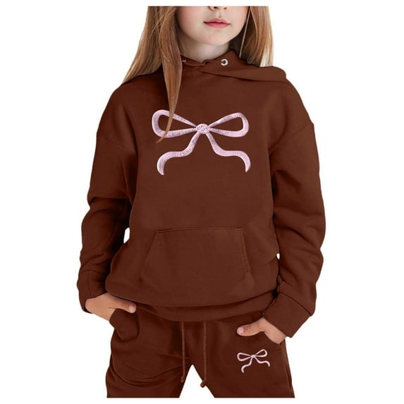 Girls Outfit Sets Athletic Cute Bow Graphic Hoodies And Sweatpants 2 Piece Girls Sweatsuit Casual Spring Fall Kids Sweat Suit Coffee 10-11 Years