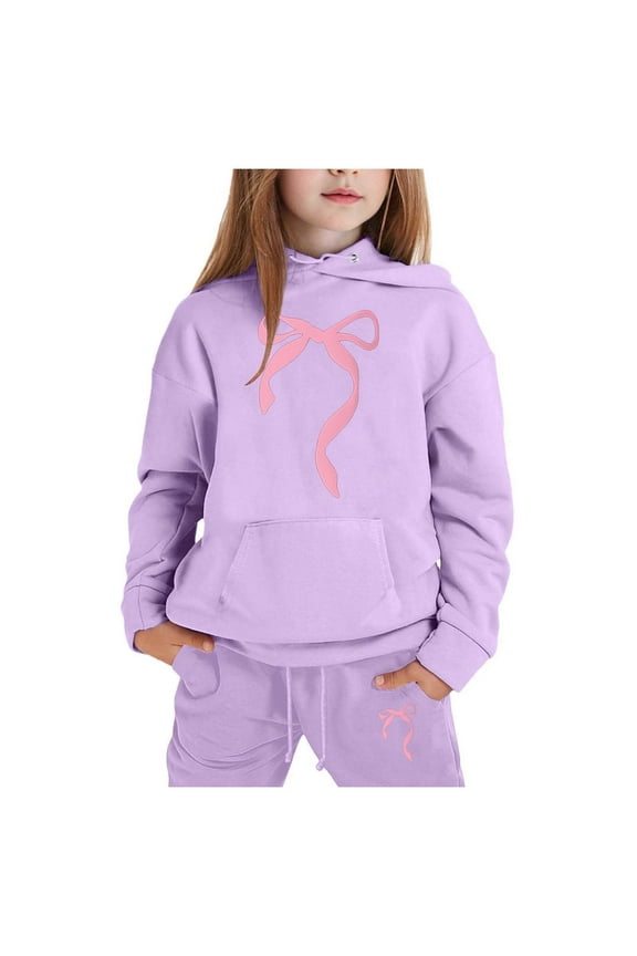 Girls Outfit Sets Cute Bow Knot Printed Hoodies And Sweatpants 2 Piece Girls Sweat Suit Casual Athletic Spring Fall Kids Sweatsuit Light 6-7 Years