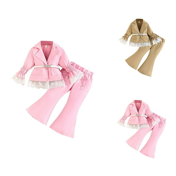 Girls Outfit Sets Girl Set Girls Outfits Set Long Sleeve Pants Suit With White Belt Floral Lace Casual Breathable Toddler Clothes For Daily Wear