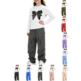 thumbnail image 1 of Girls Outfit Sets Nelozsy Girls Bow Print Long Sleeve Top Cargo Flare Pants 2Pcs Casual Outfit Set Dark Gray 7-8 Years, 1 of 8