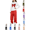thumbnail image 1 of Girls Outfit Sets Nelozsy Girls Bow Print Long Sleeve Top Cargo Flare Pants 2Pcs Casual Outfit Set Red 14-15 Years, 1 of 8