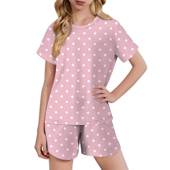 Girls Outfit Sets Sets 2 Piece Soft Polka Dot Pink Short Sleeve Shorts for Kids Breathable Summer Pjs Pjs Lounge Clothing,Size 11 T
