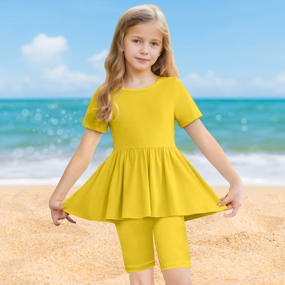 Girls Outfit Sets Solid Color Short Sleeve Crew Neck Loose Dress Slimming Straight Pants Two Piece Beach Set Yellow 5-15 Years