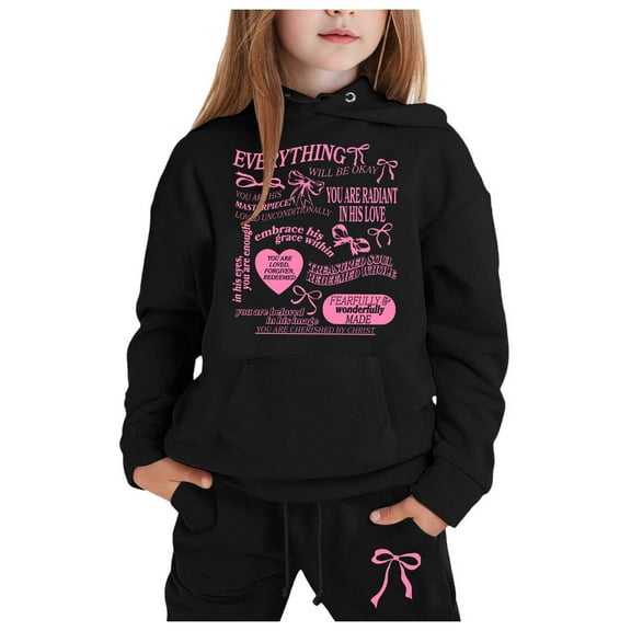 Girls Outfit Sets Toddler Boy Girl Long Sleeve Cute Pink Ribbon Warm Hoodie Sweatpant Kids Outfits Sweat Suit,1-9Y