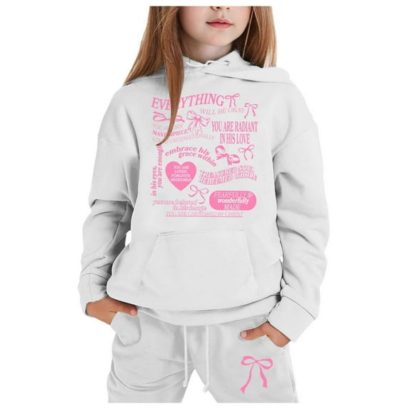 Girls Outfit Sets Toddler Boy Girl Long Sleeve Cute Pink Ribbon Warm Hoodie Sweatpant Kids Outfits Sweat Suit,1-9Y