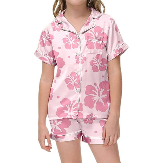 Girls Outfits 2 Piece Girls Flower Printed Pajamas Set Silk Lapel Button Down Short Sets Unisex Newborn Clothes Pink 10 Years-11 Years